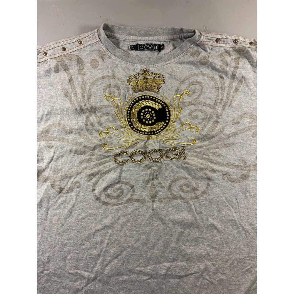 COOGI T-Shirt Mens XXL‎ Gray Gold Embroidered Crown Graphic Short Sleeve Cotton